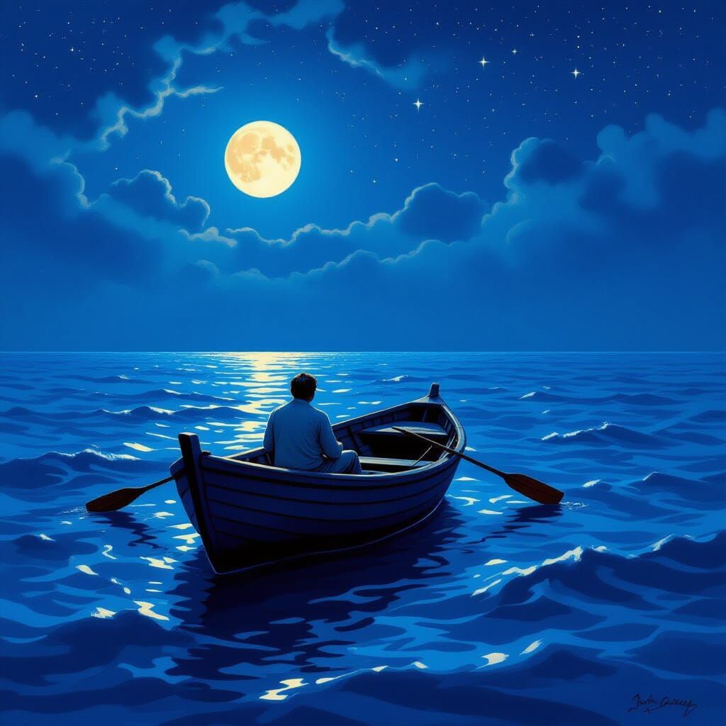 Moonlit Ocean Rowboat in Romantic Style