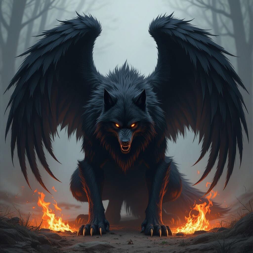 Menacing Black Werewolf with Fiery Paws and Wings