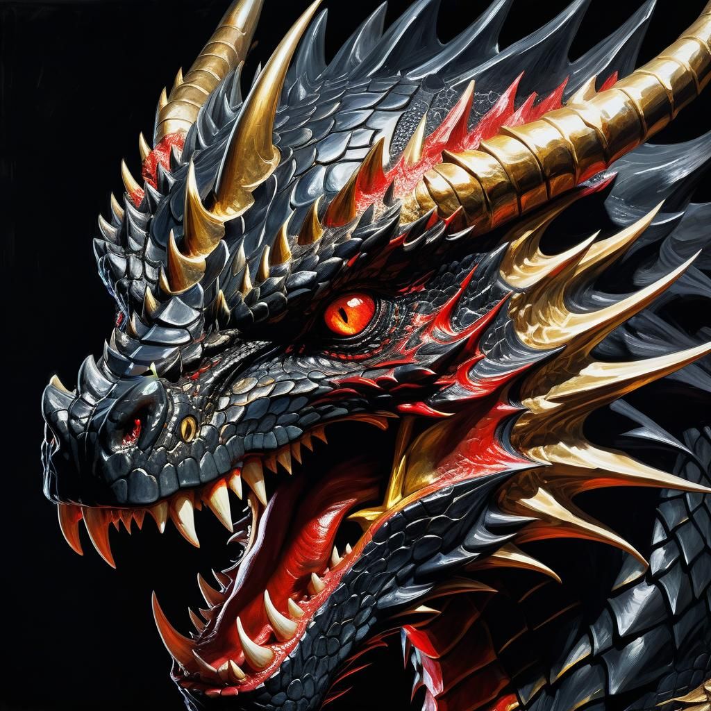 Dragon's Eye Close-Up: Black and Gold Oil Painting