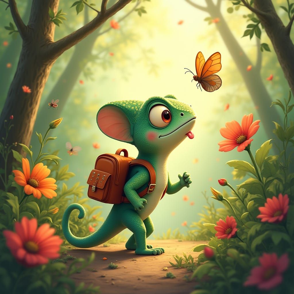 Cartoon Chameleon's Jungle Adventure: Whimsical Digital Pain...
