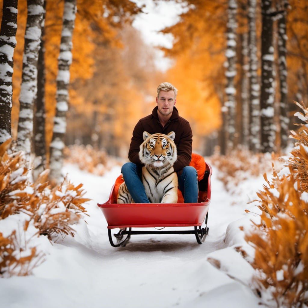 Man and Tiger in Sleigh: A Whimsical Journey