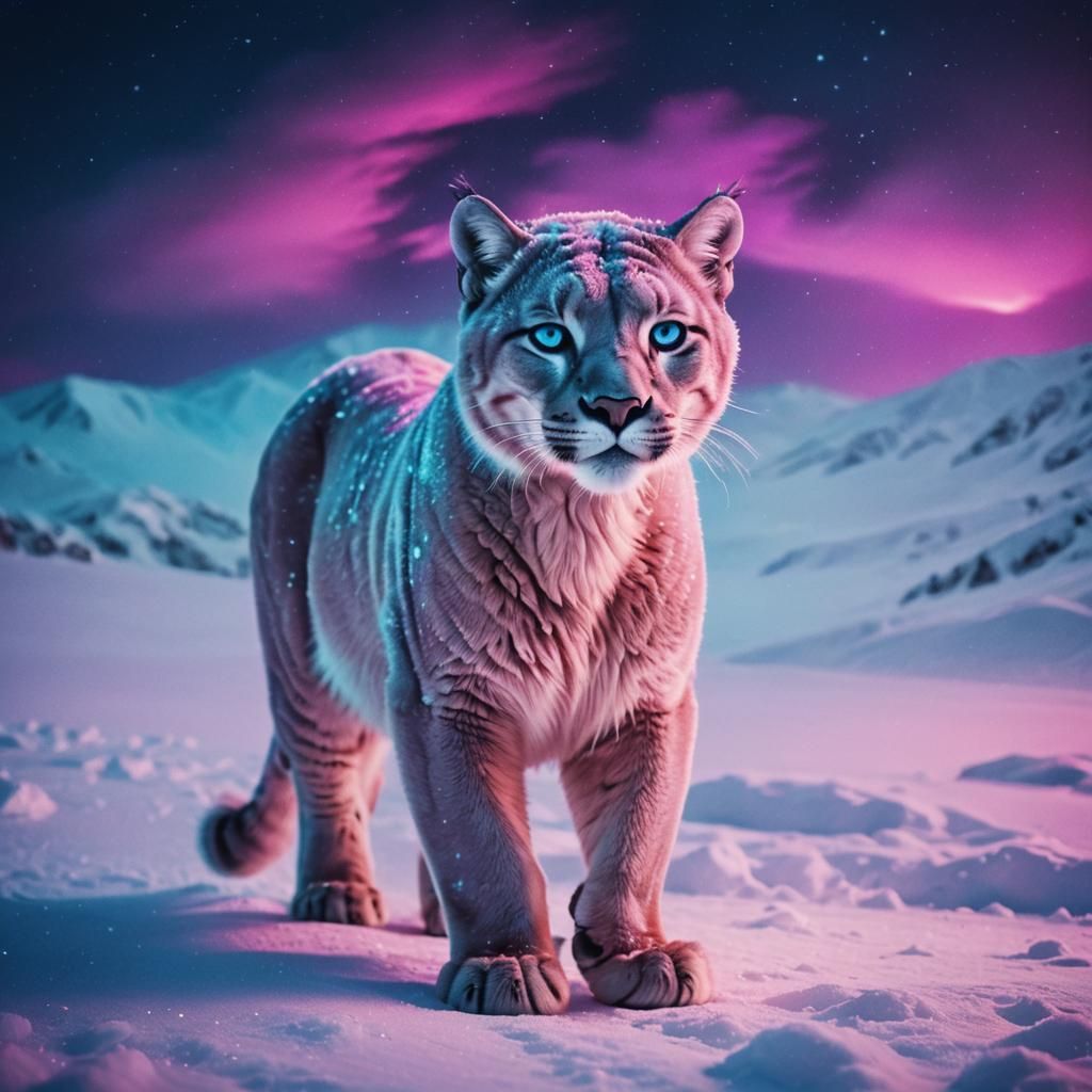 Synthwave Snow Puma with Fluorescent Eyes