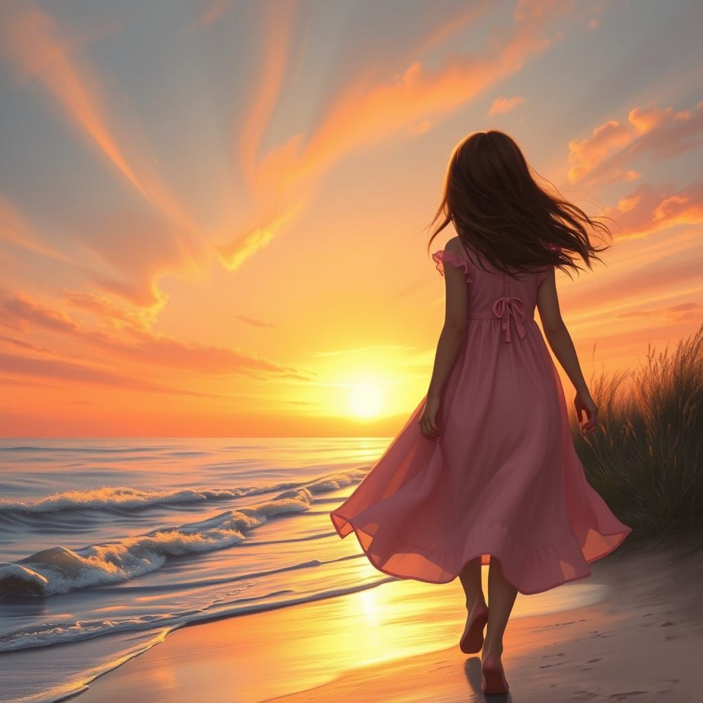 Girl in Pink Dress at Sunset, Digital Art