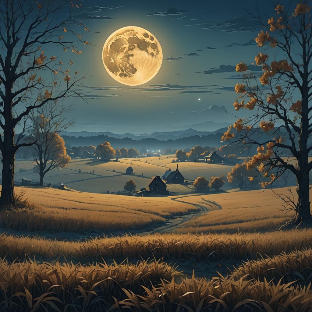 Harvest Moon Rises Over Serene Fields