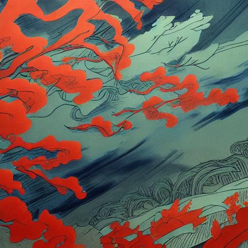 Tired Travelers in Smoky Cabin: Surreal Ukiyo-e