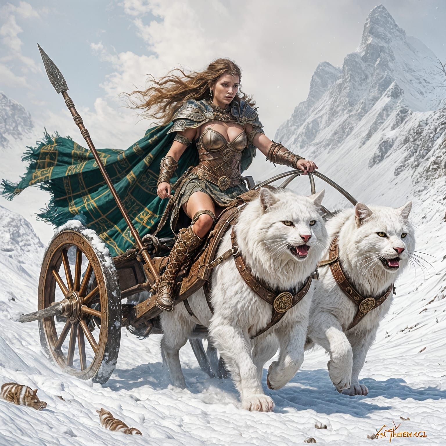 Celtic Warrior Princess Leads Snow Cat Chariot Charge