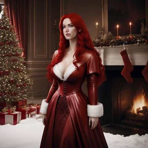 Young Woman in Red Leather Gown, Hyperrealistic HDR