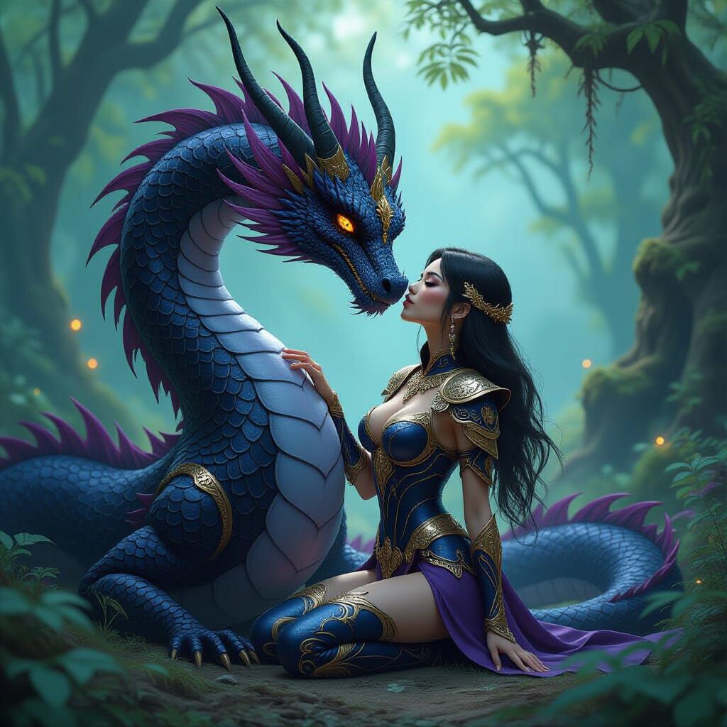 Fantasy Warrior Kisses Dragon in Ethereal Forest