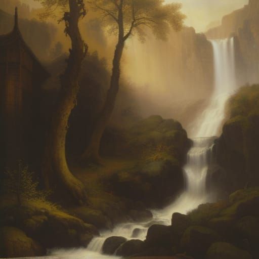 Small Waterfall as Oil Painting by Rembrandt