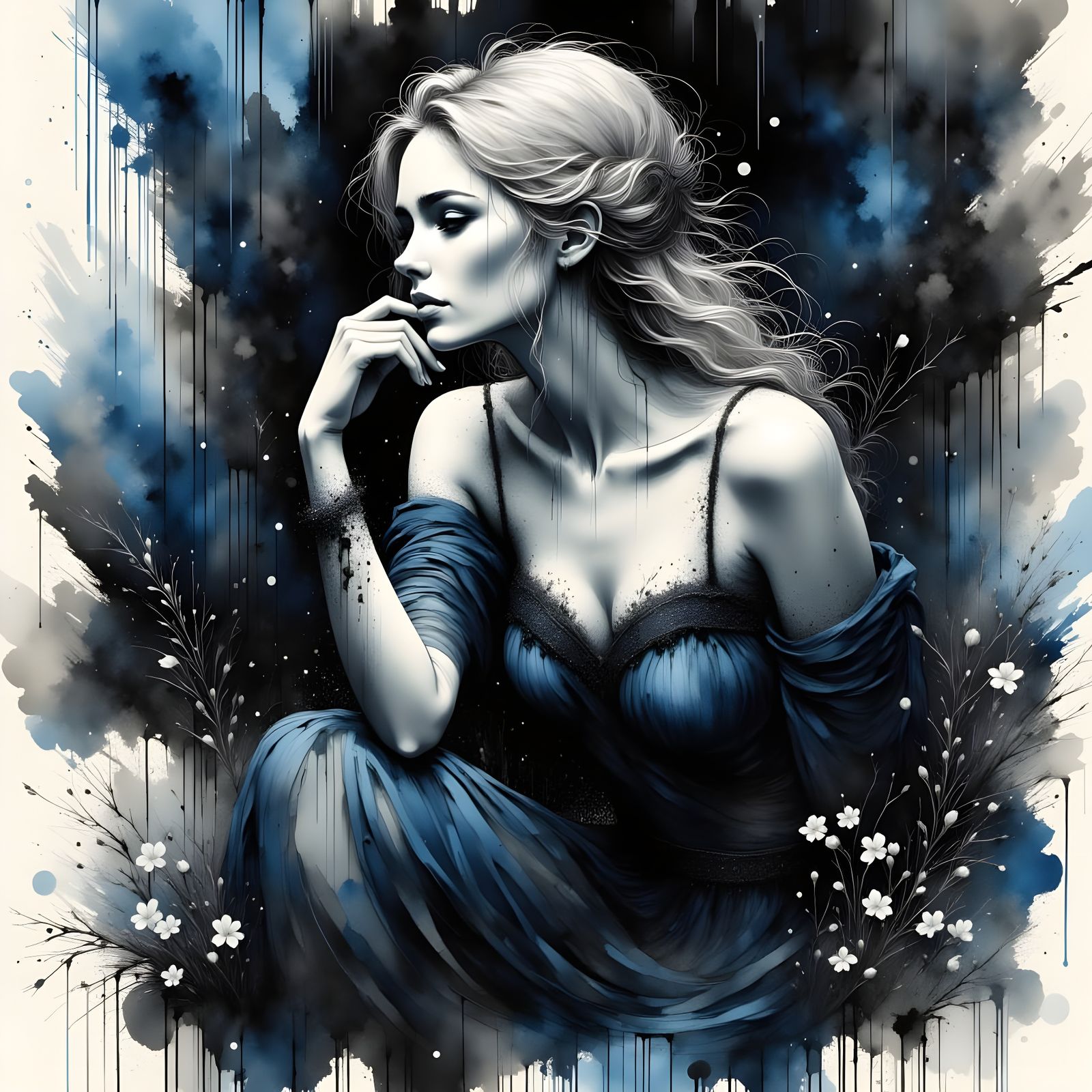 Norse Goddess Portrait in Charcoal Ink Drip Style