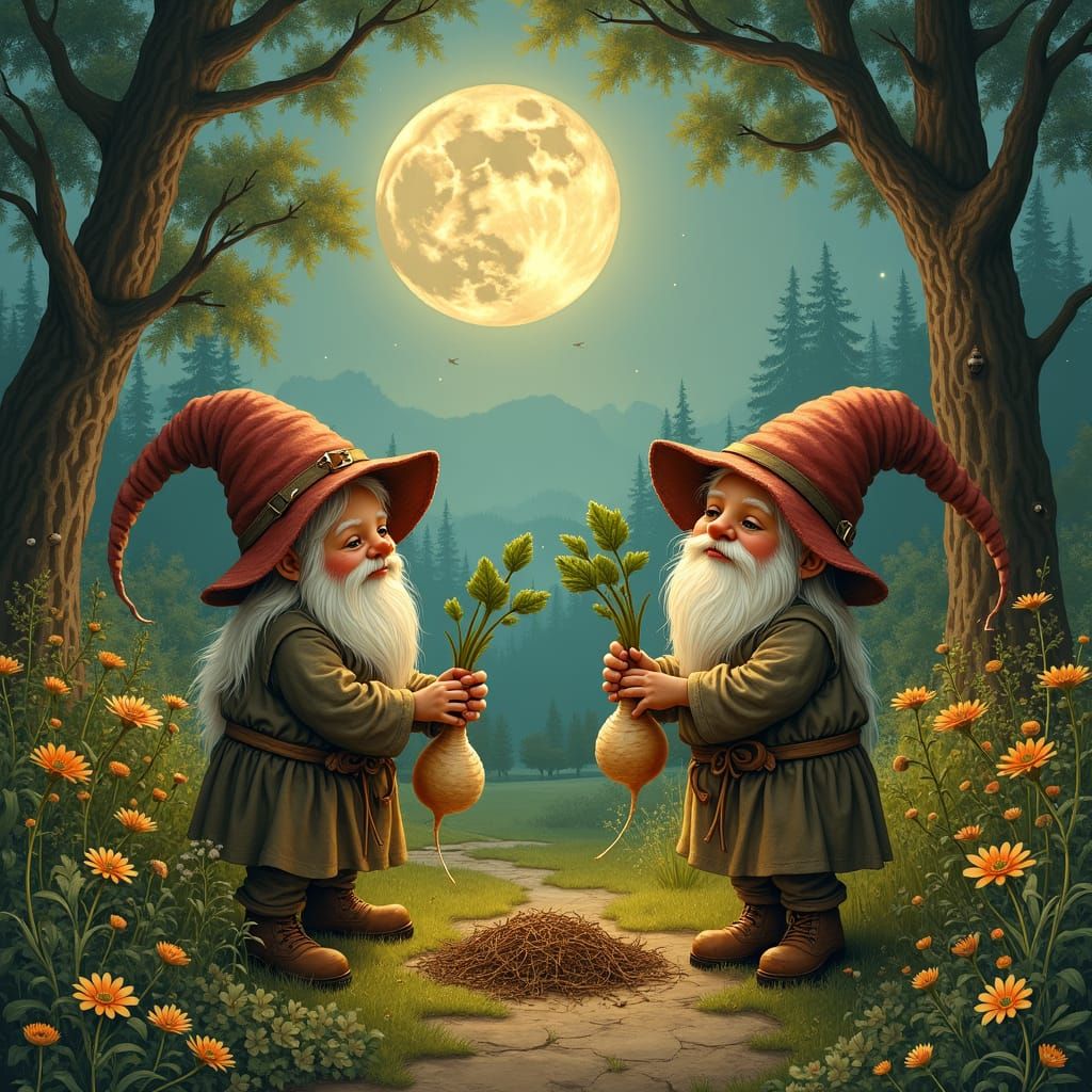 Gnomes Harvesting Turnips in Moonlit Garden, Fantasy Art