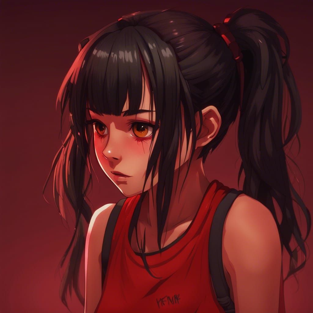 Cute Anime Girl with Pigtails on Red Background