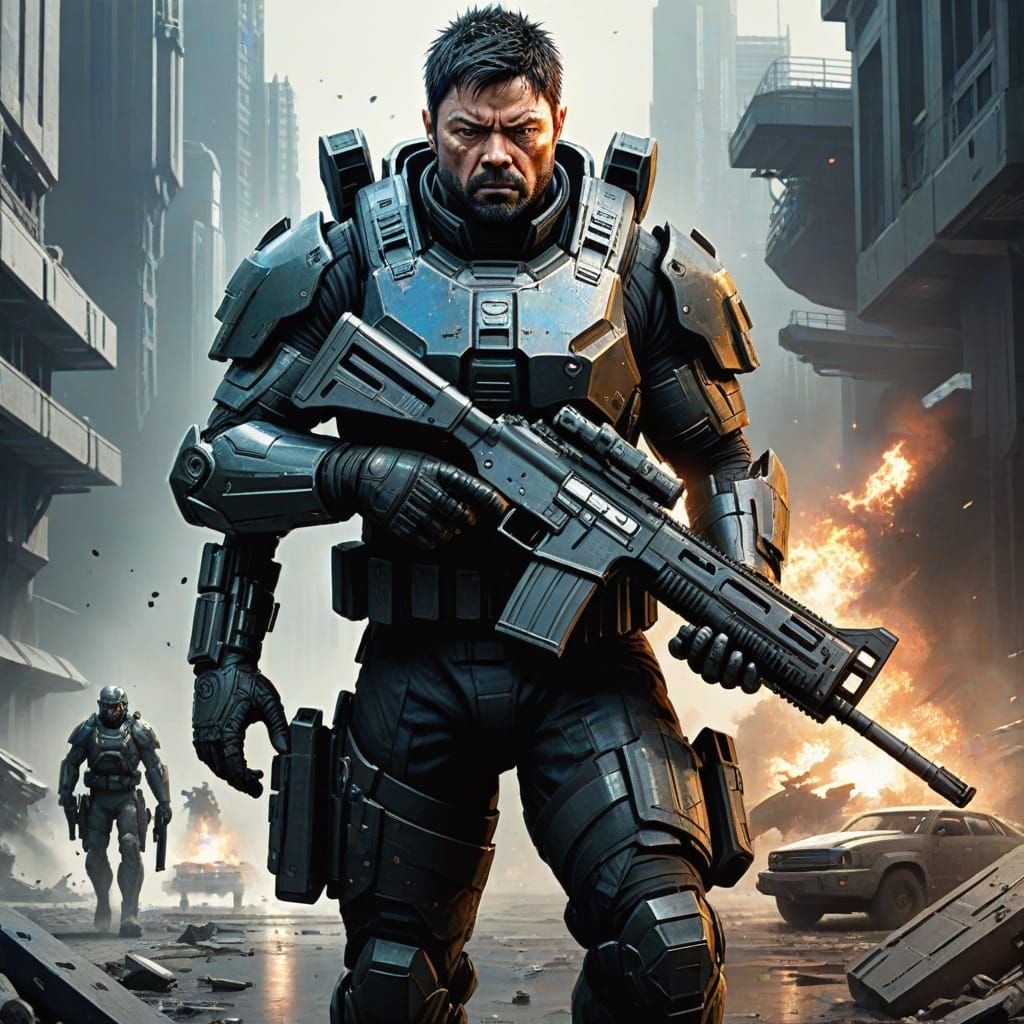 Futuristic Soldier in Armor with Assault Rifle