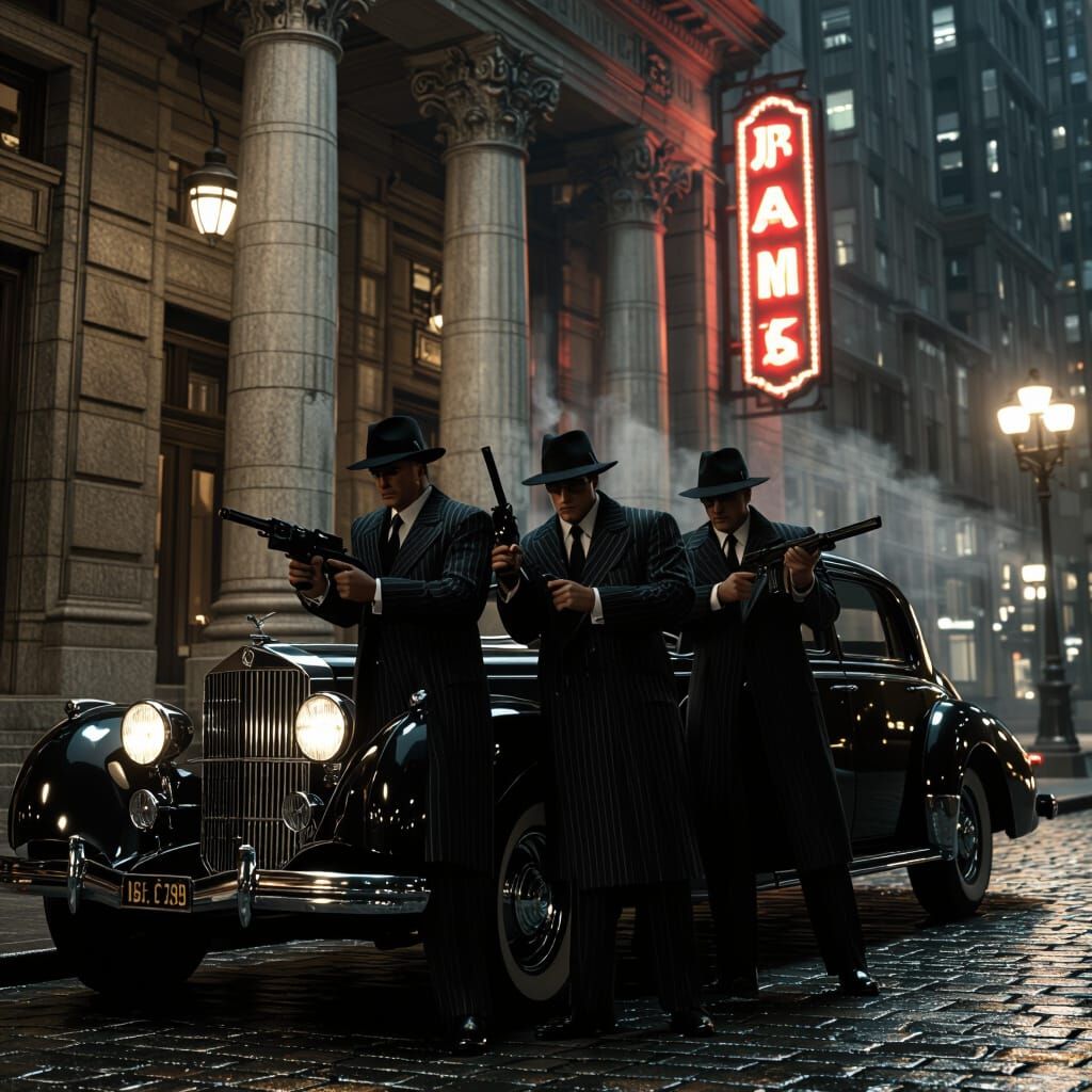 Gritty 1920s Mafia Scene in Film Noir Style
