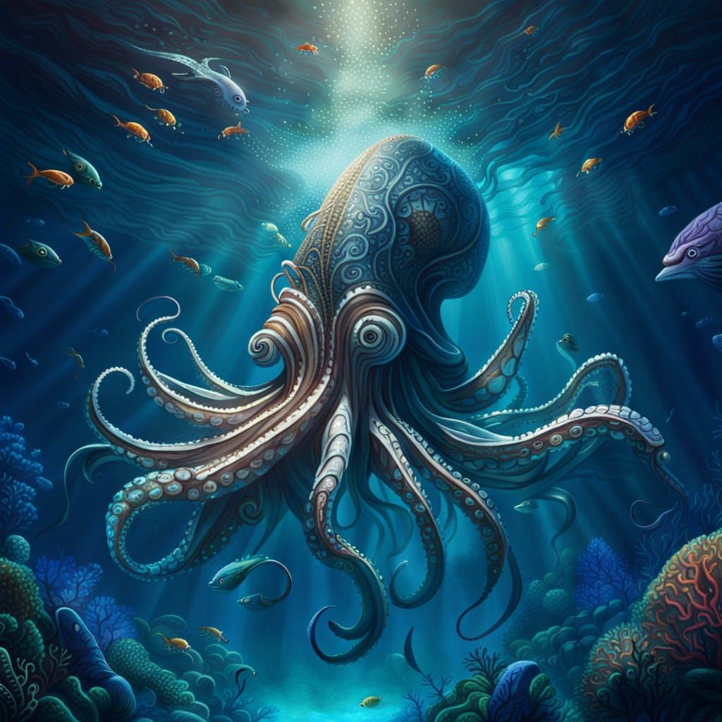 Giant Squid in a Magical Underwater World