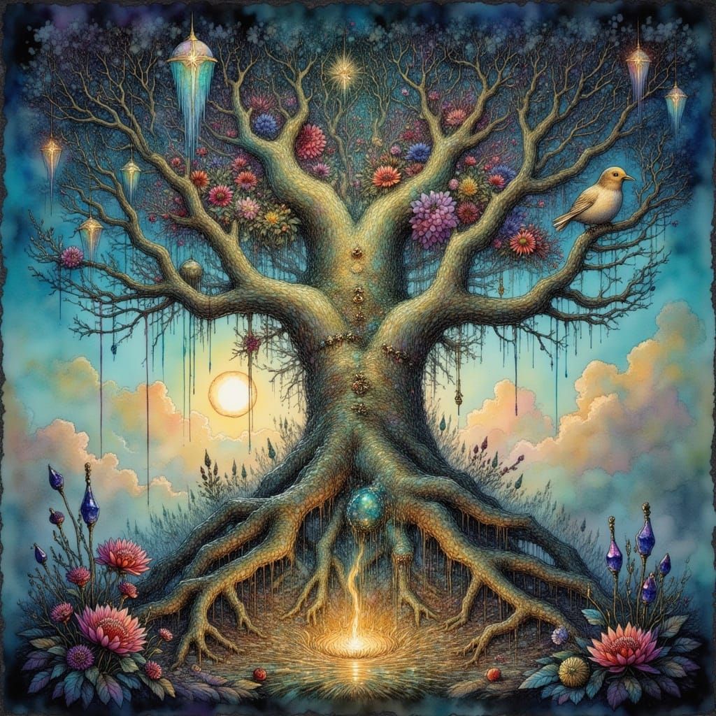 Majestic Yggdrasil Tree in Dreamlike Landscape