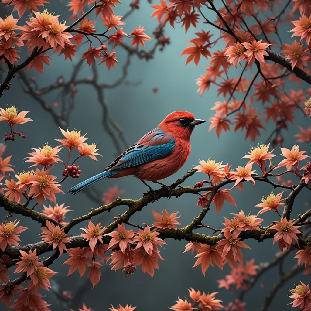 Small Bird on Flowering Acer Branch