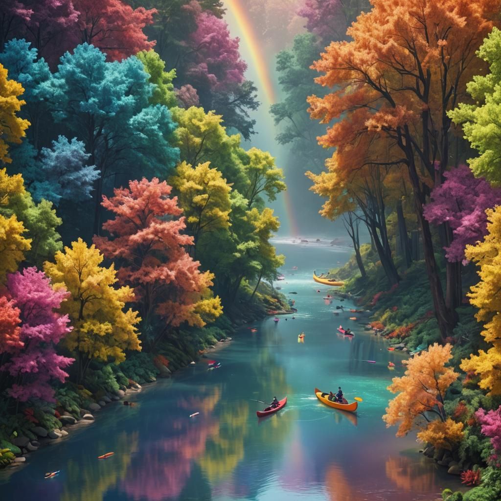 canoe in a rainbow river multicolored trees shadowy animal f...