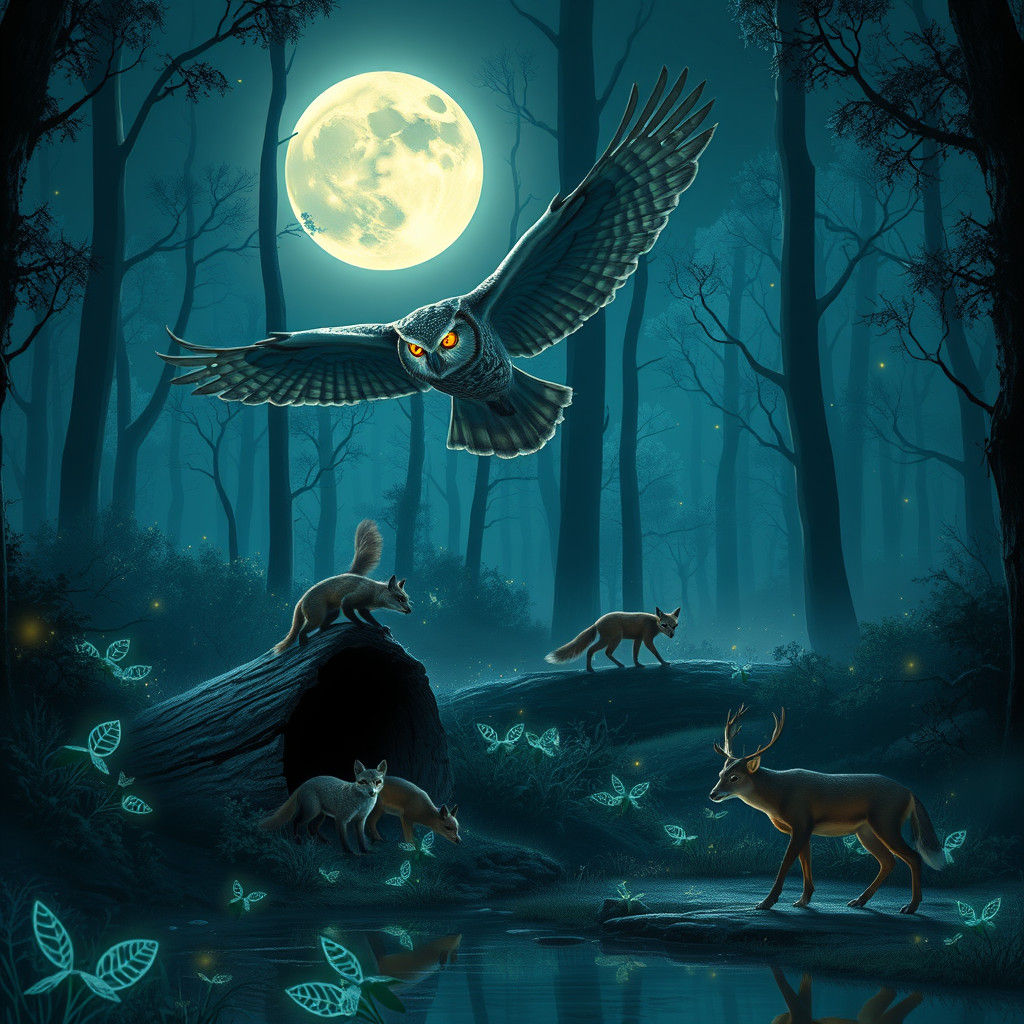 Mystical Night Forest Animals in Digital Painting