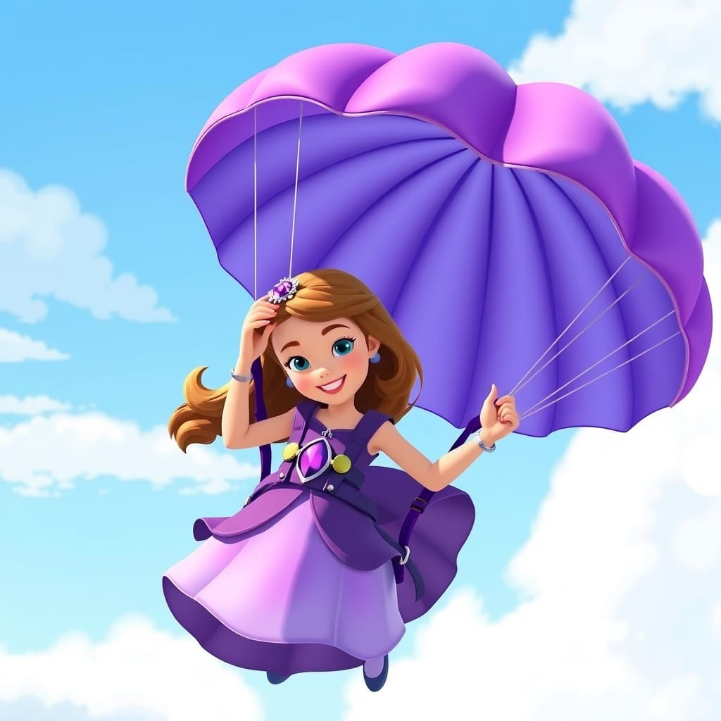 Princess Sofia Skydiving with Purple Parachute, Disney Style
