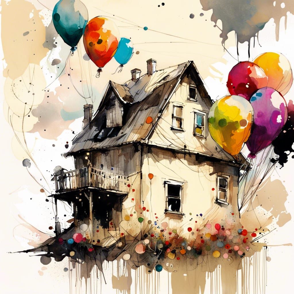 House Floating with Balloons in Watercolor Sky