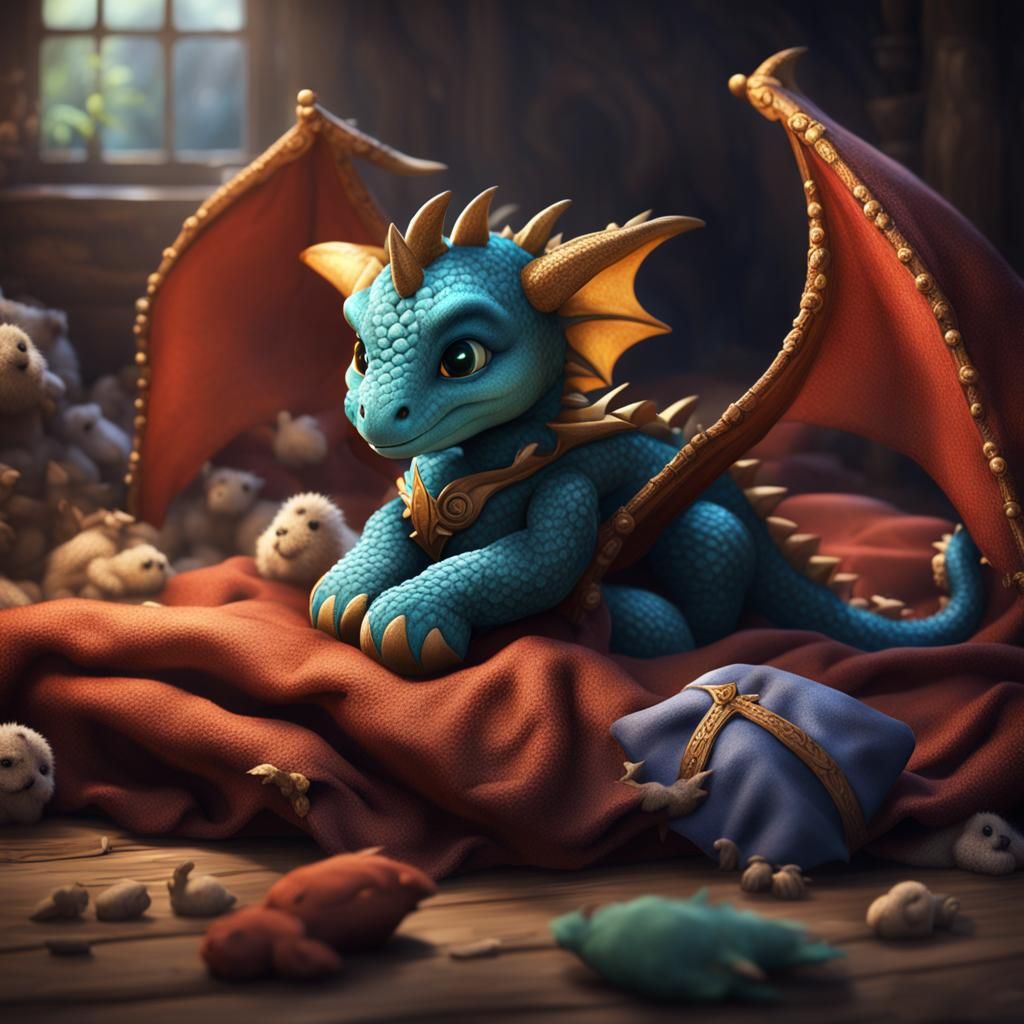Cute Baby Dragon Sleeping with Toy, Detailed Painting