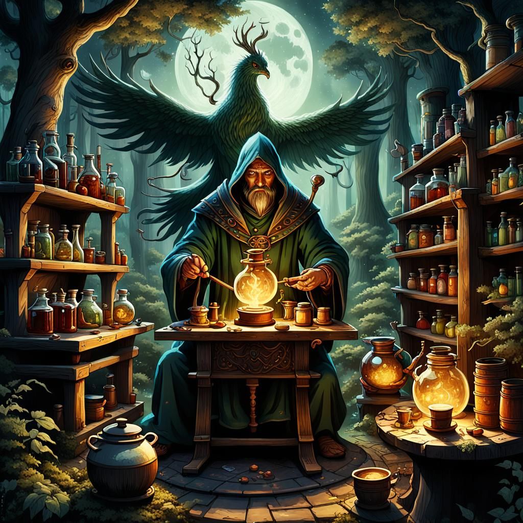 Medieval Alchemist Summons Spirits in Forest Glade