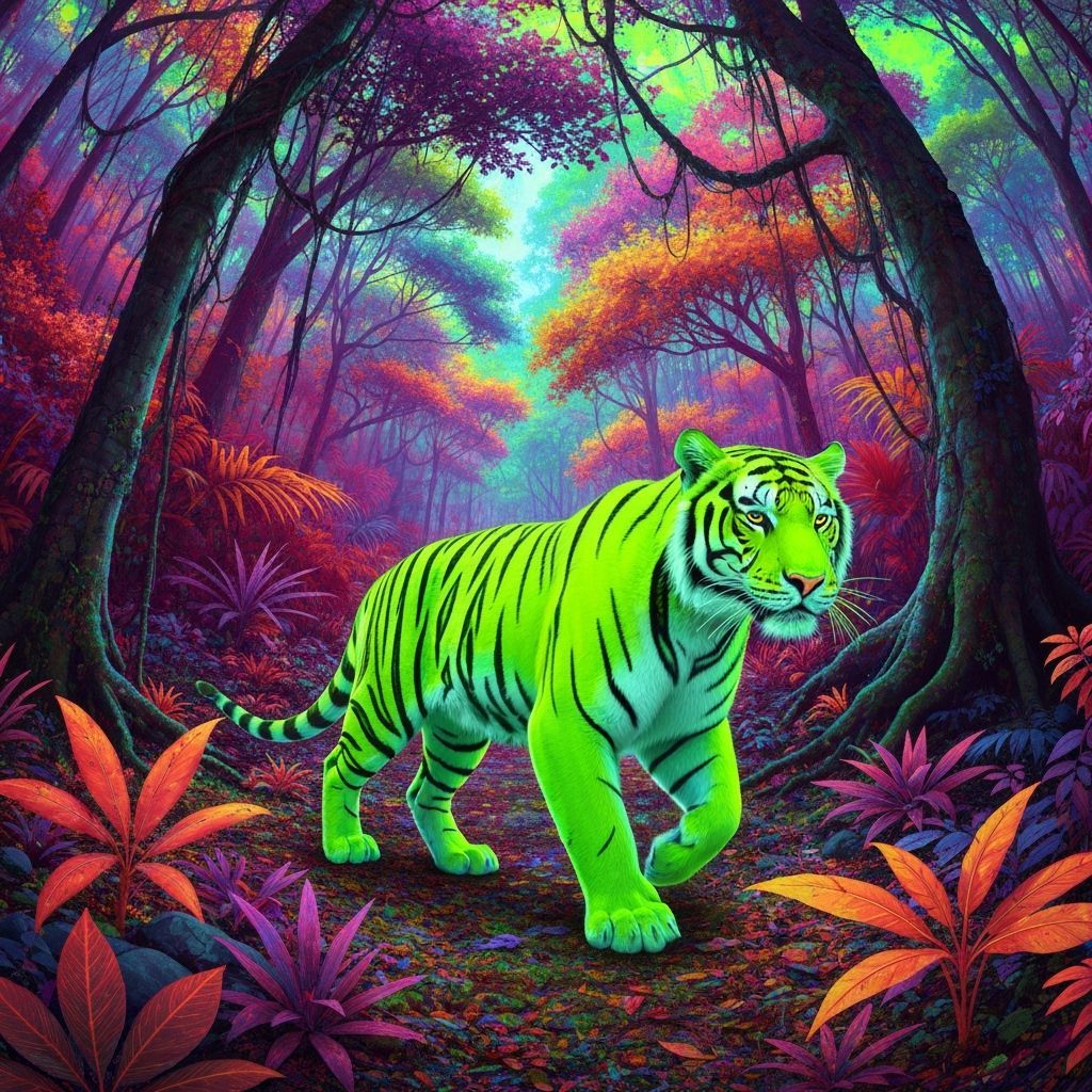 Bioluminescent Jungle: Neon Tiger in Neon Noir Style
