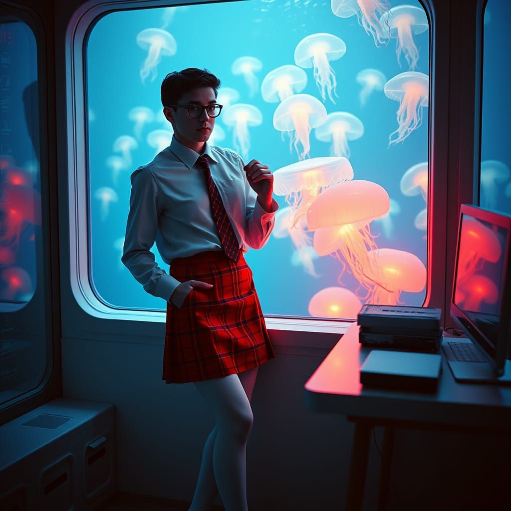 Underwater Office: Cross-Dresser in Cinematic Film Still