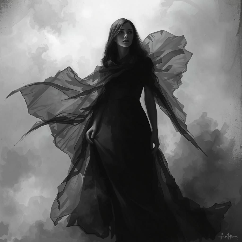 Mysterious Woman in Fog, Expressive Monochromatic Art