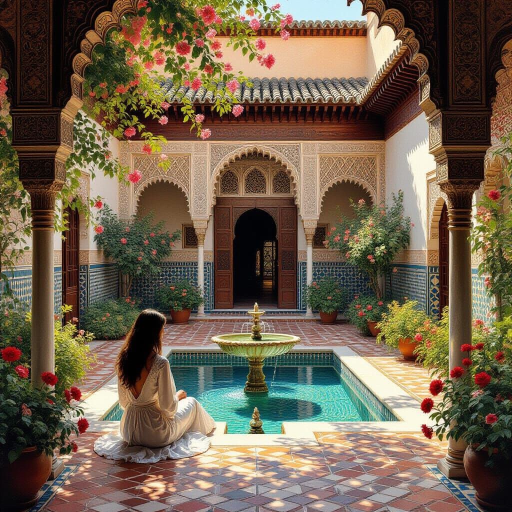 Serene Moorish Courtyard in Painterly Style