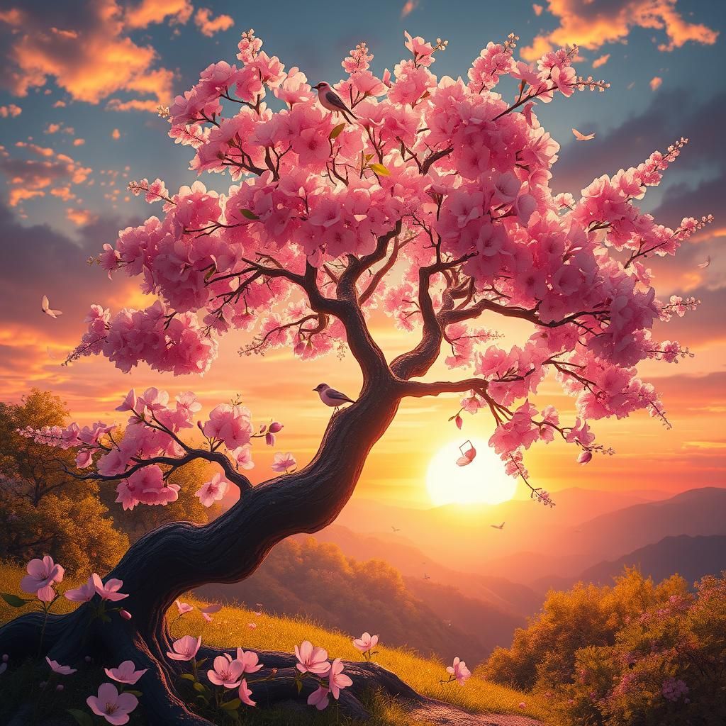 Musical Cherry Blossom Tree in Golden Light