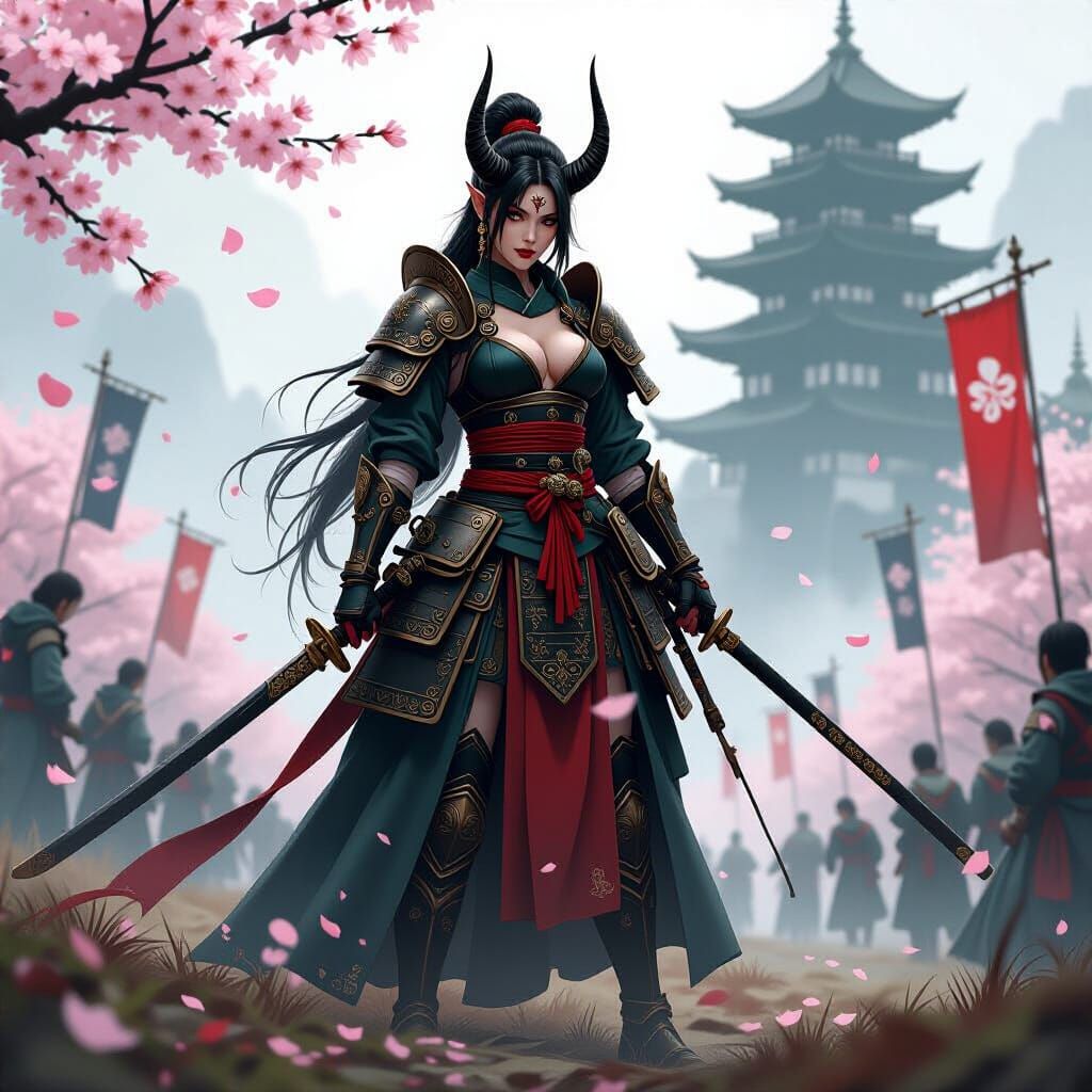Tiefling Samurai Warrior on Battlefield in Dark Fantasy Styl...