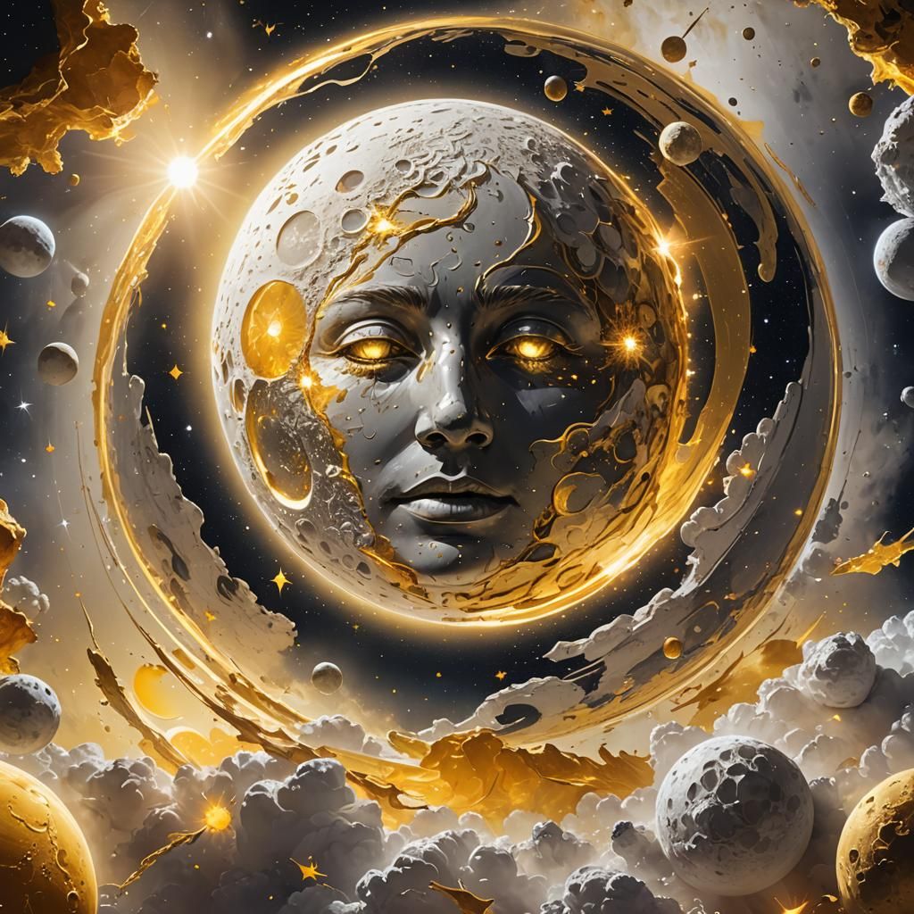 Ethereal Moon in Space with Sun and Stars