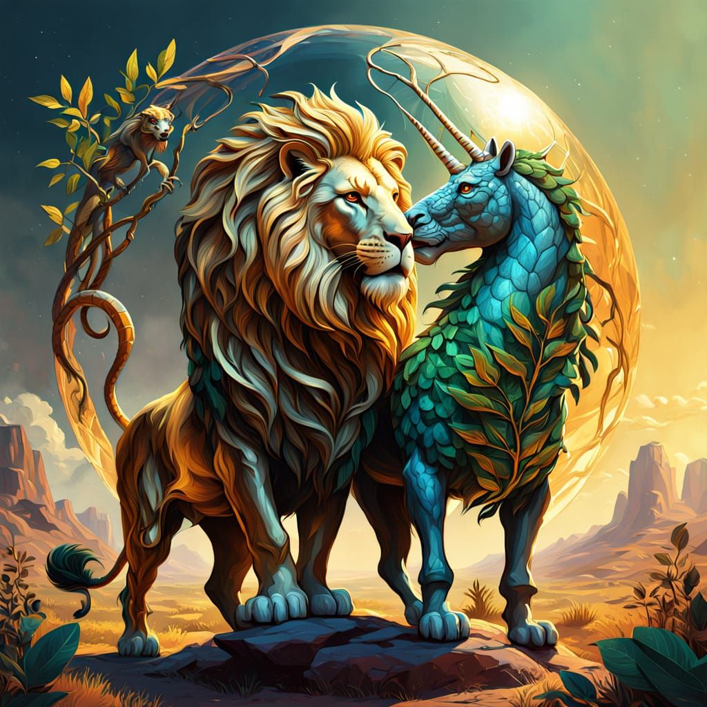 Lion and Unicorn Battle in Fantasy Oil Painting
