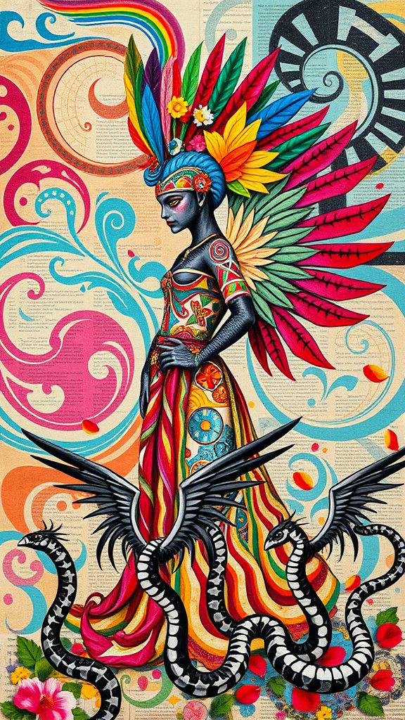 Vibrant Quetzalcoatl in Dada Inspired Photogram Collage