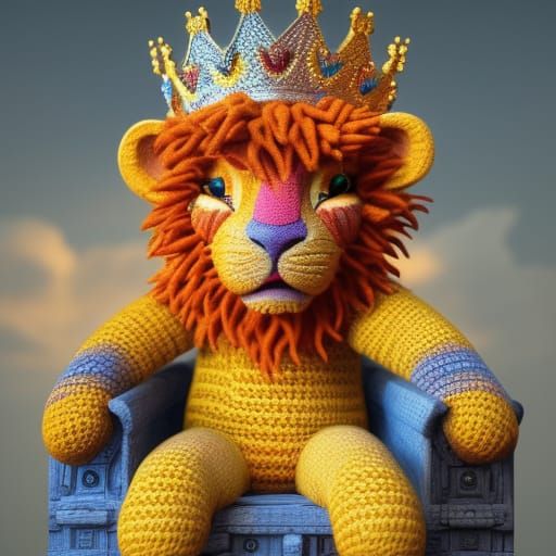 Crocheted Lion King on Throne in 8k Digital Art