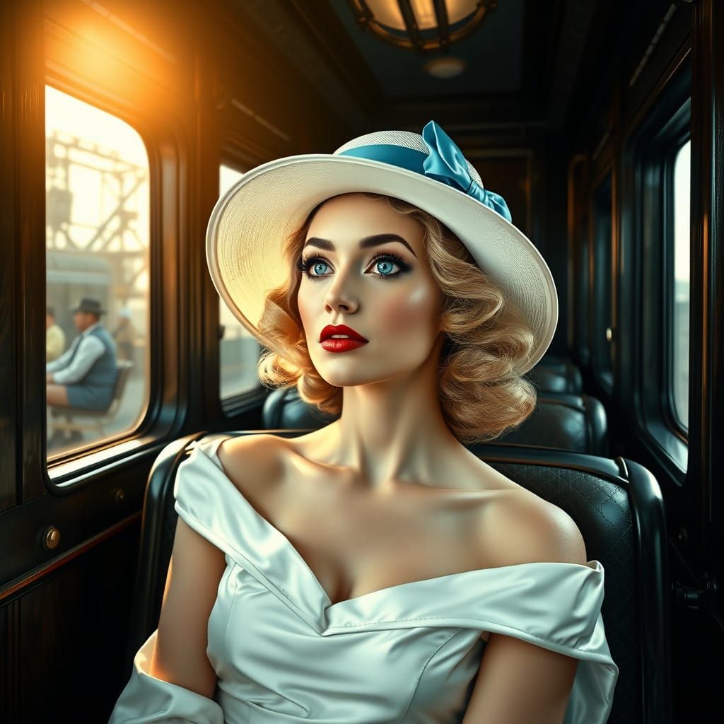 Elegant Woman in Vintage Train Compartment