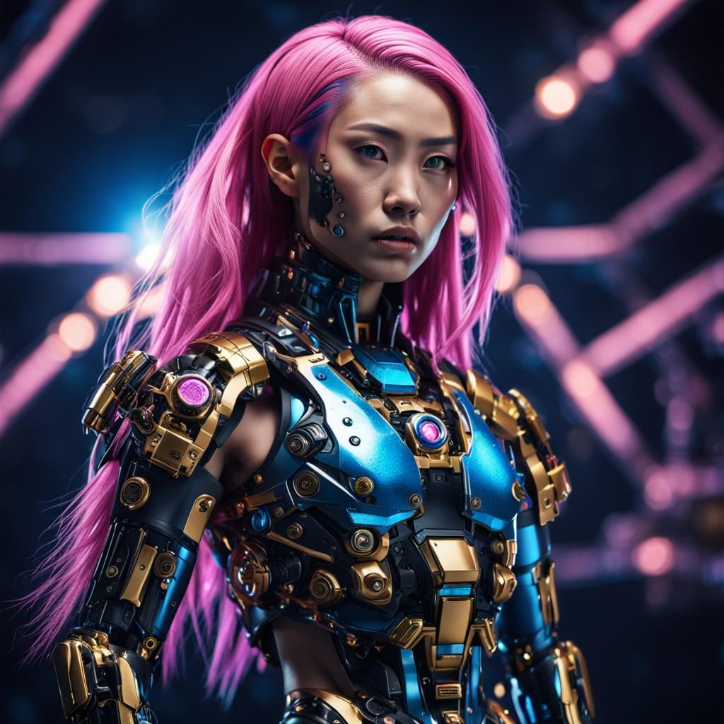 Pink-Haired Cyborg Model with Dramatic Lighting