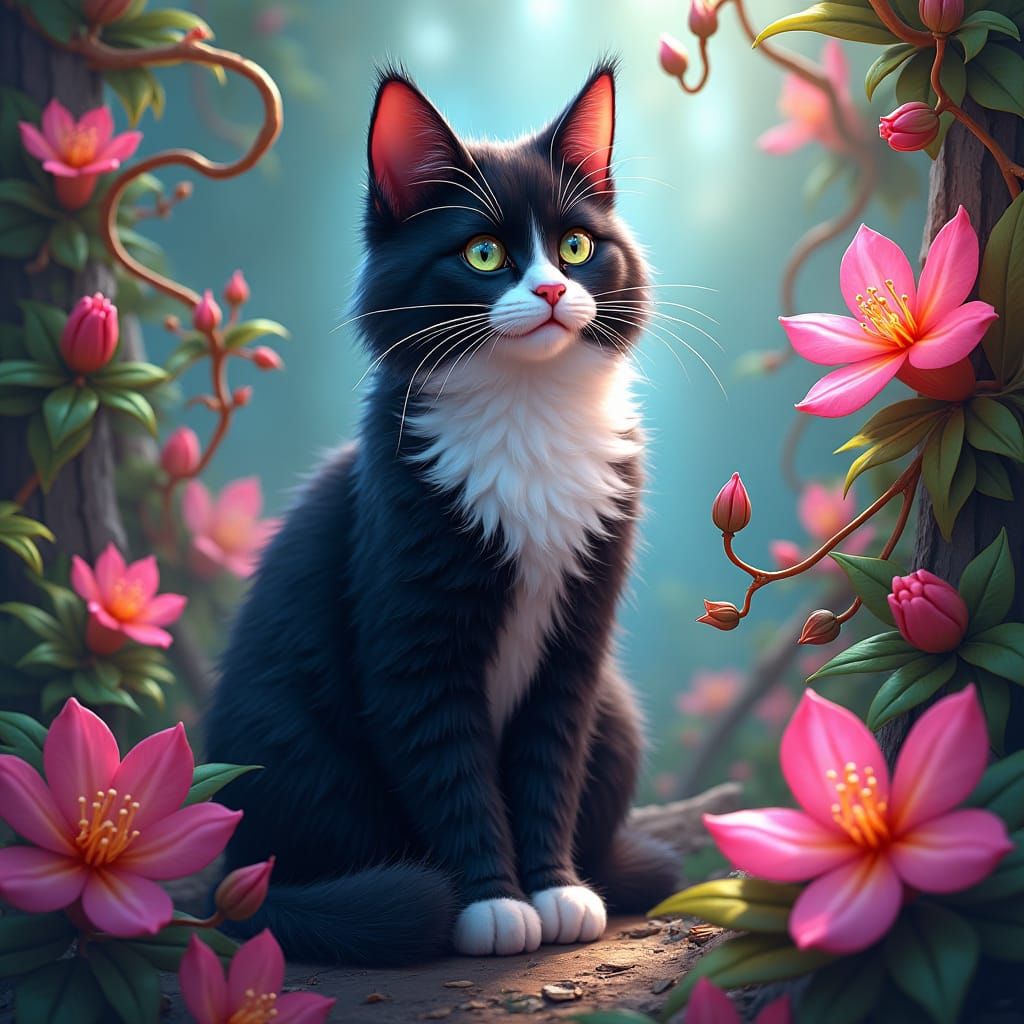 Tuxedo Cat Blossoms as Feline Flower in Lush Garden