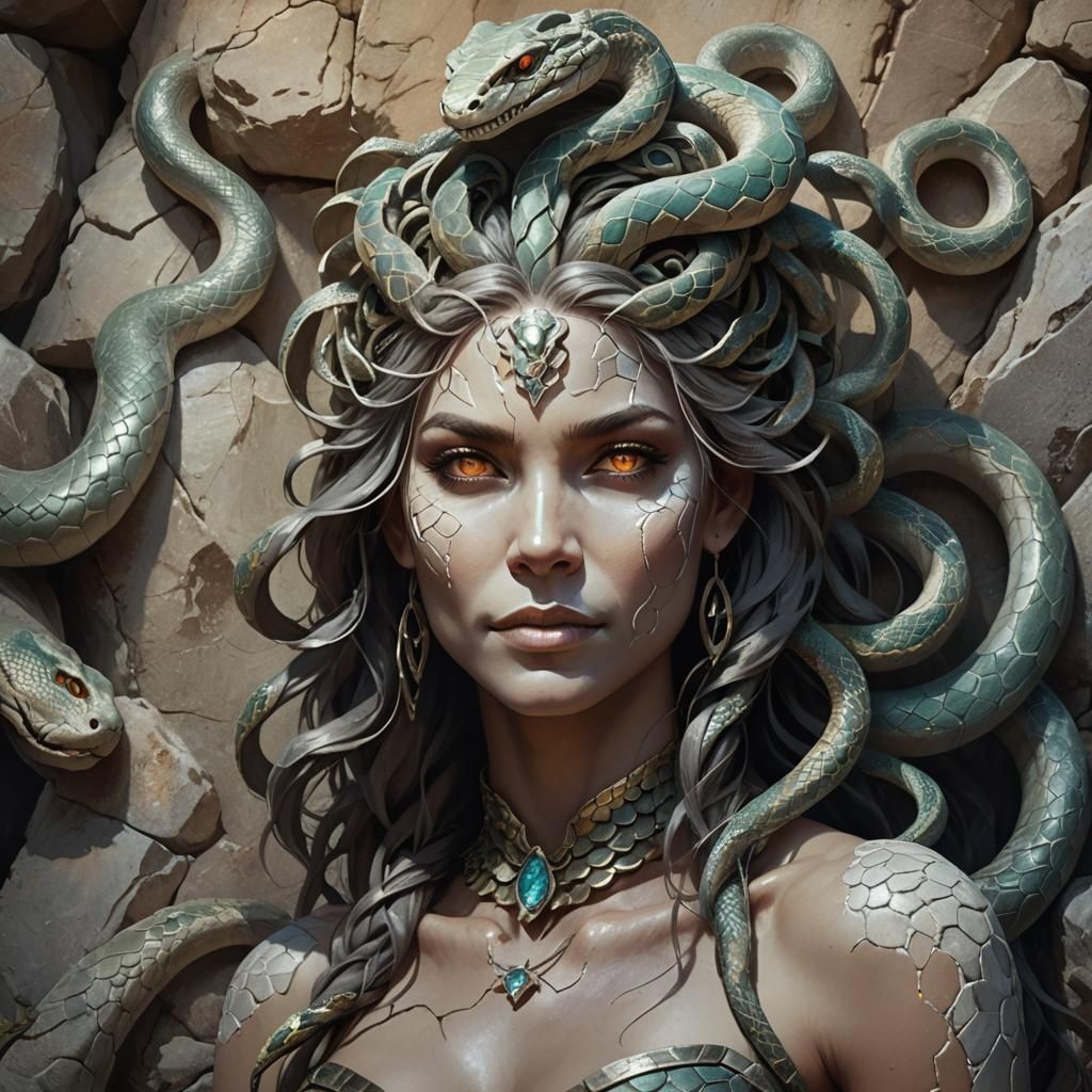 Smiling Stone Medusa with Snakes, Fantasy Art
