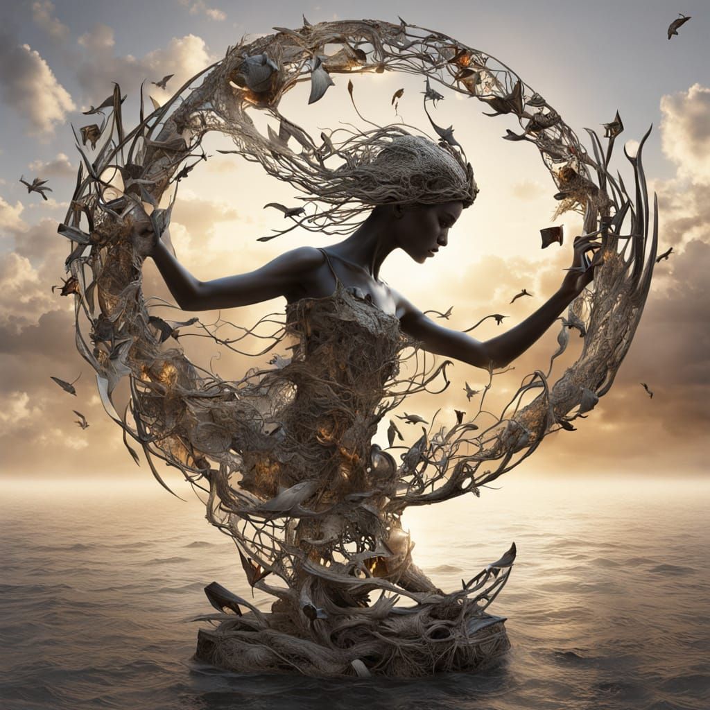 Surreal Collage of Mythological Elements in Vibrant Sunset H...