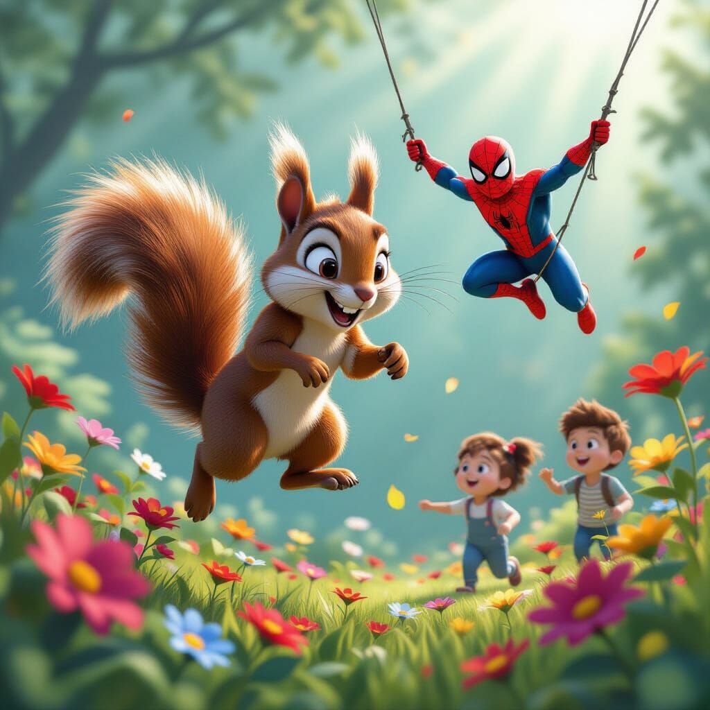 Squirrel's Leap with Spider-Man in Pixar Style