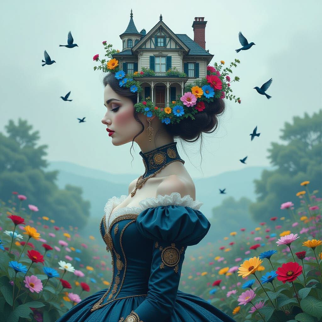 Surreal Profile Portrait with Steampunk and Floral Collage