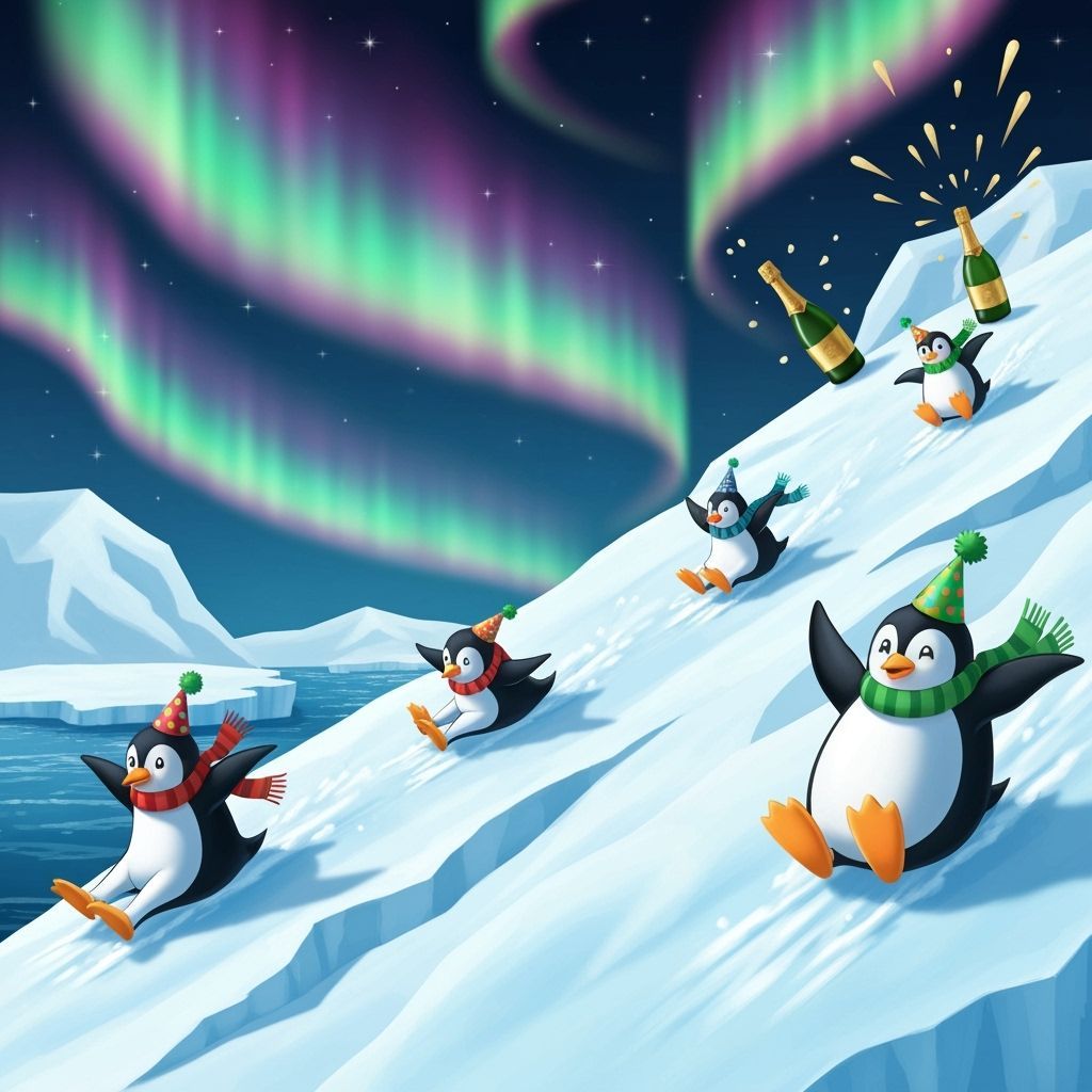 Penguins Celebrate New Year with Aurora Borealis