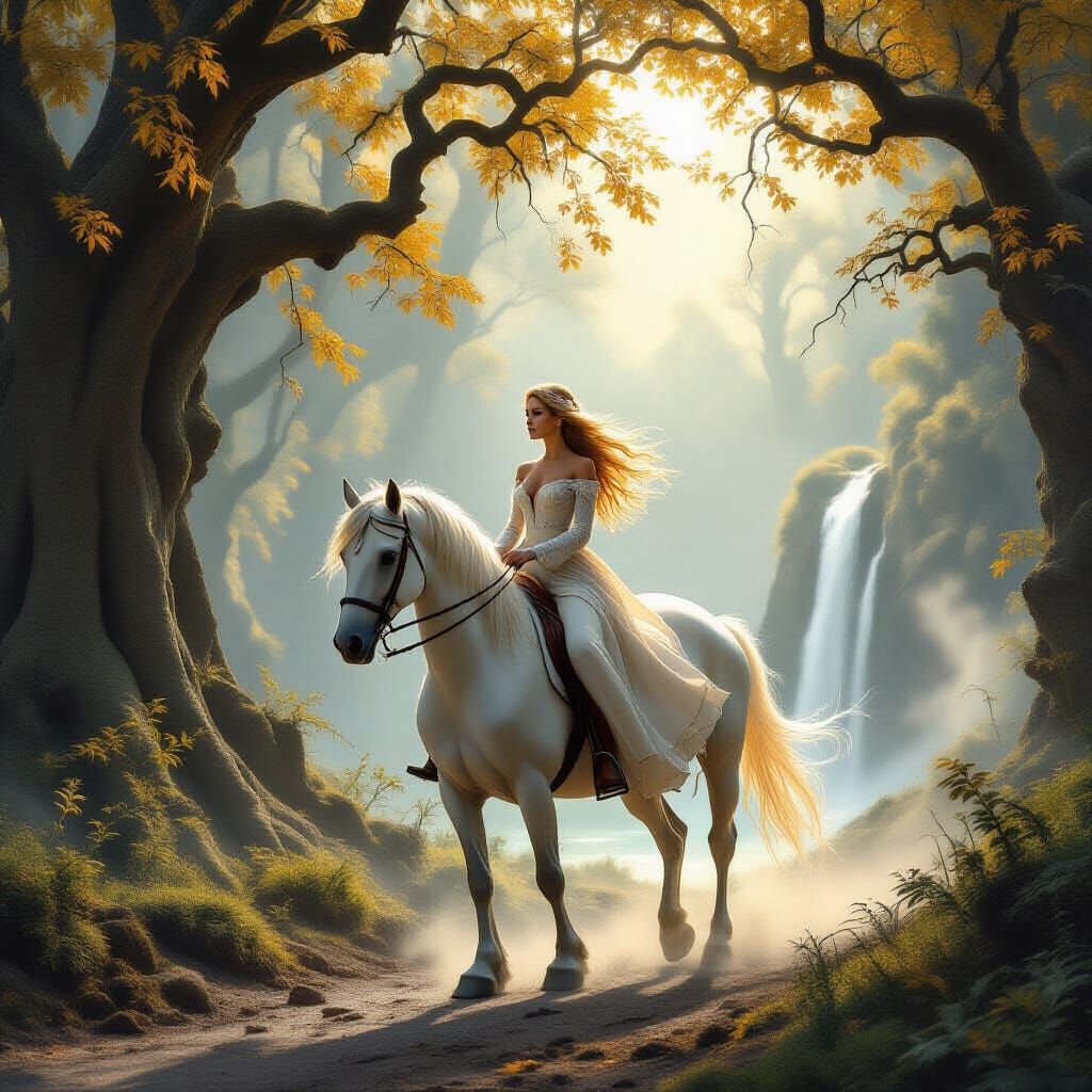 Elegant Woman Rides White Horse Through Misty Forest