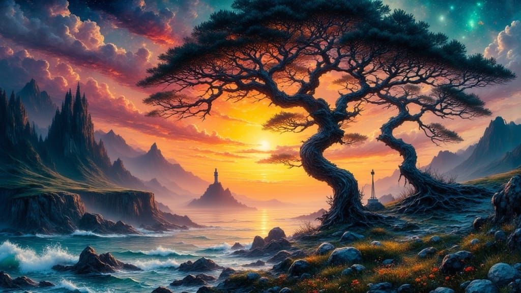 Majestic Pine Tree Against Harvest Moon as Gouache Art