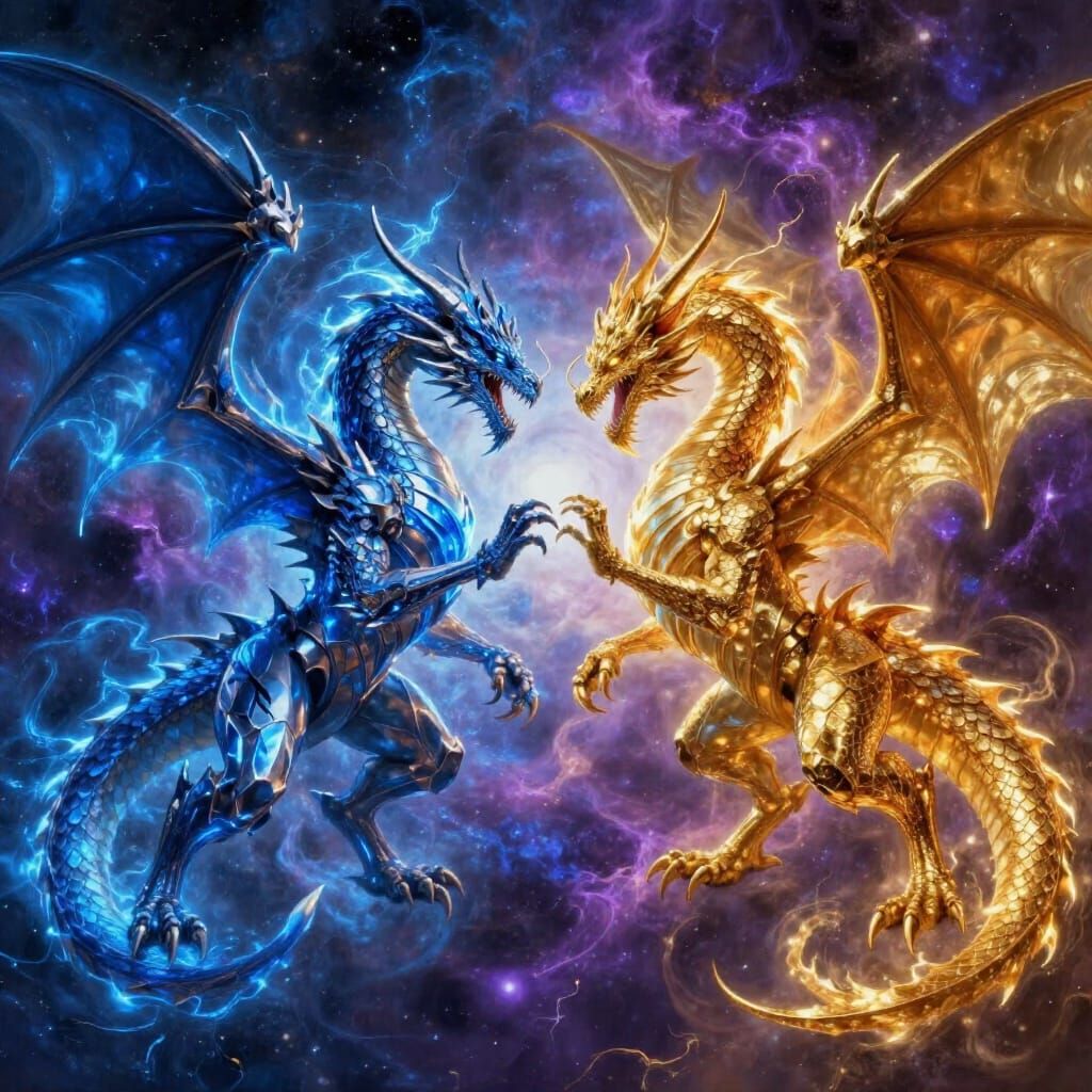 Metallic vs Golden Dragon Battle in Cosmic Nebula