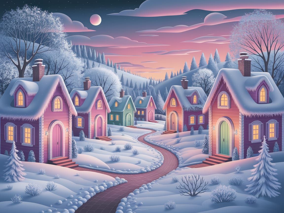Whimsical Winter Village at Dusk in Pastel Colors