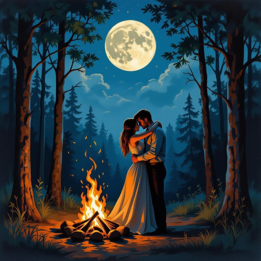 Couple Embraces Before Fiery Forest Blaze Under Full Moon